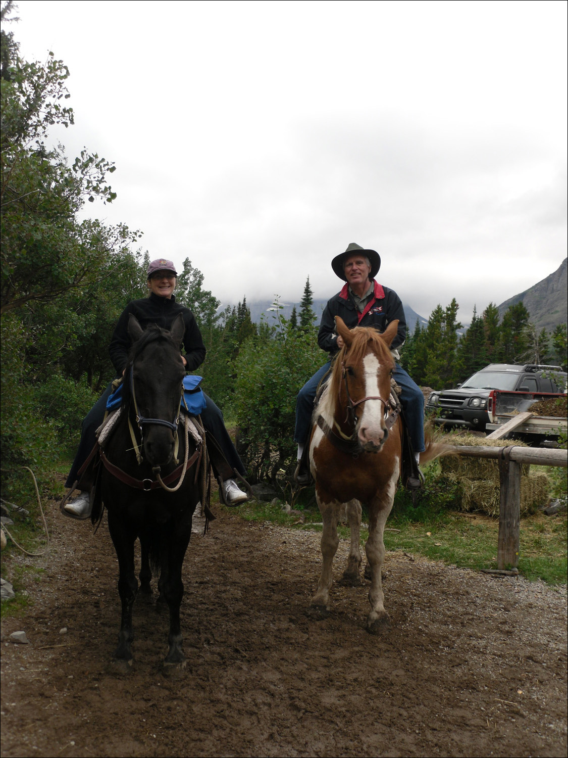 Glacier National Park- Following Horse ride @ Many Glaciers lodge.  Kath is on Jet and Bob is on Star.